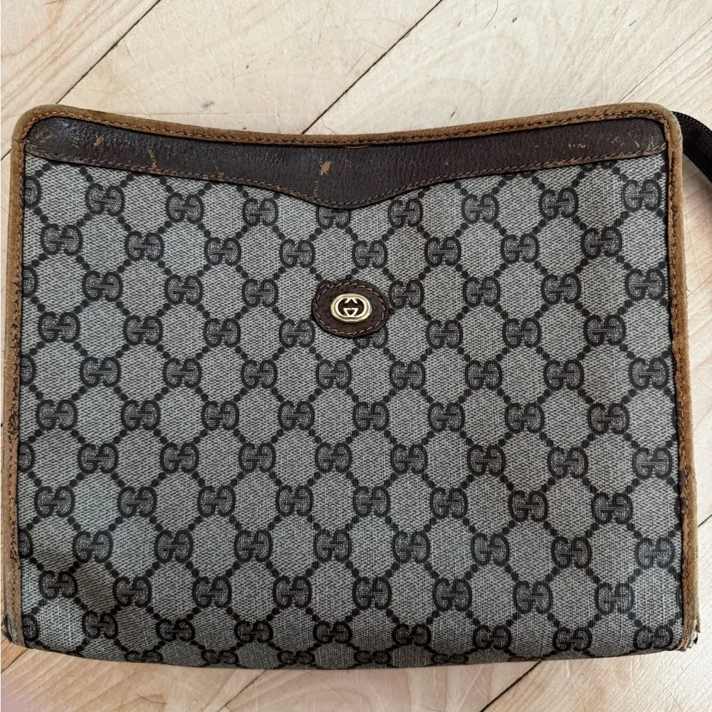 Gucci Vintage Coated Canvas Brown and Tan Monogram Clutch/Pouch